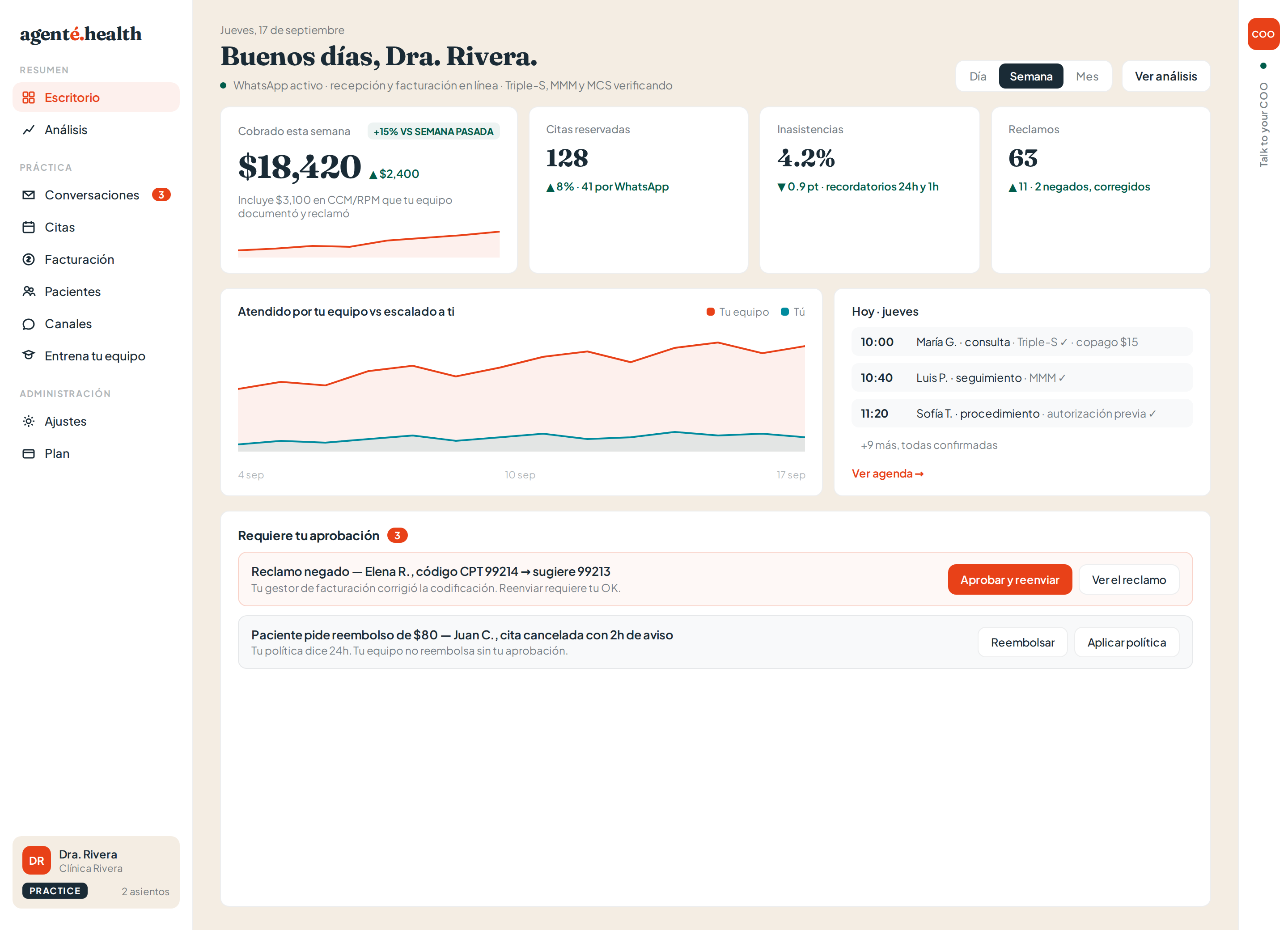 agenté.health — Escritorio, la app real (Dra. Rivera)